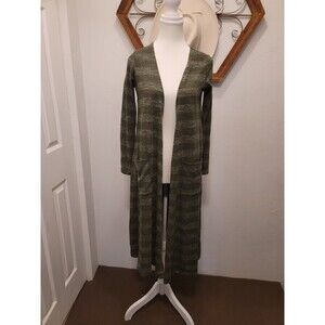 LULAROE SARAH LONG CARDIGAN DUSTER OLIVE/GREY STRIPE POCKETS LONG SLEEVE  XS